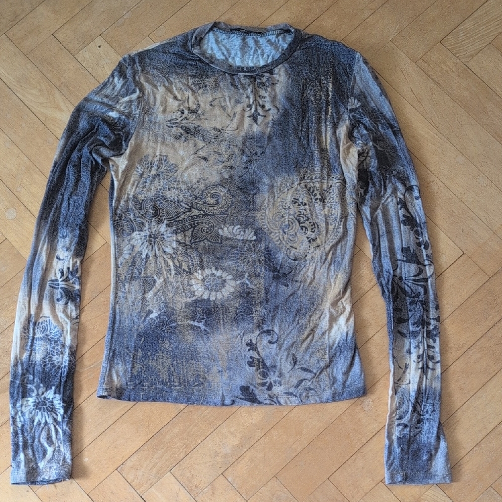 Women's Long Sleeve Floral Print Top - Blue/Beige
